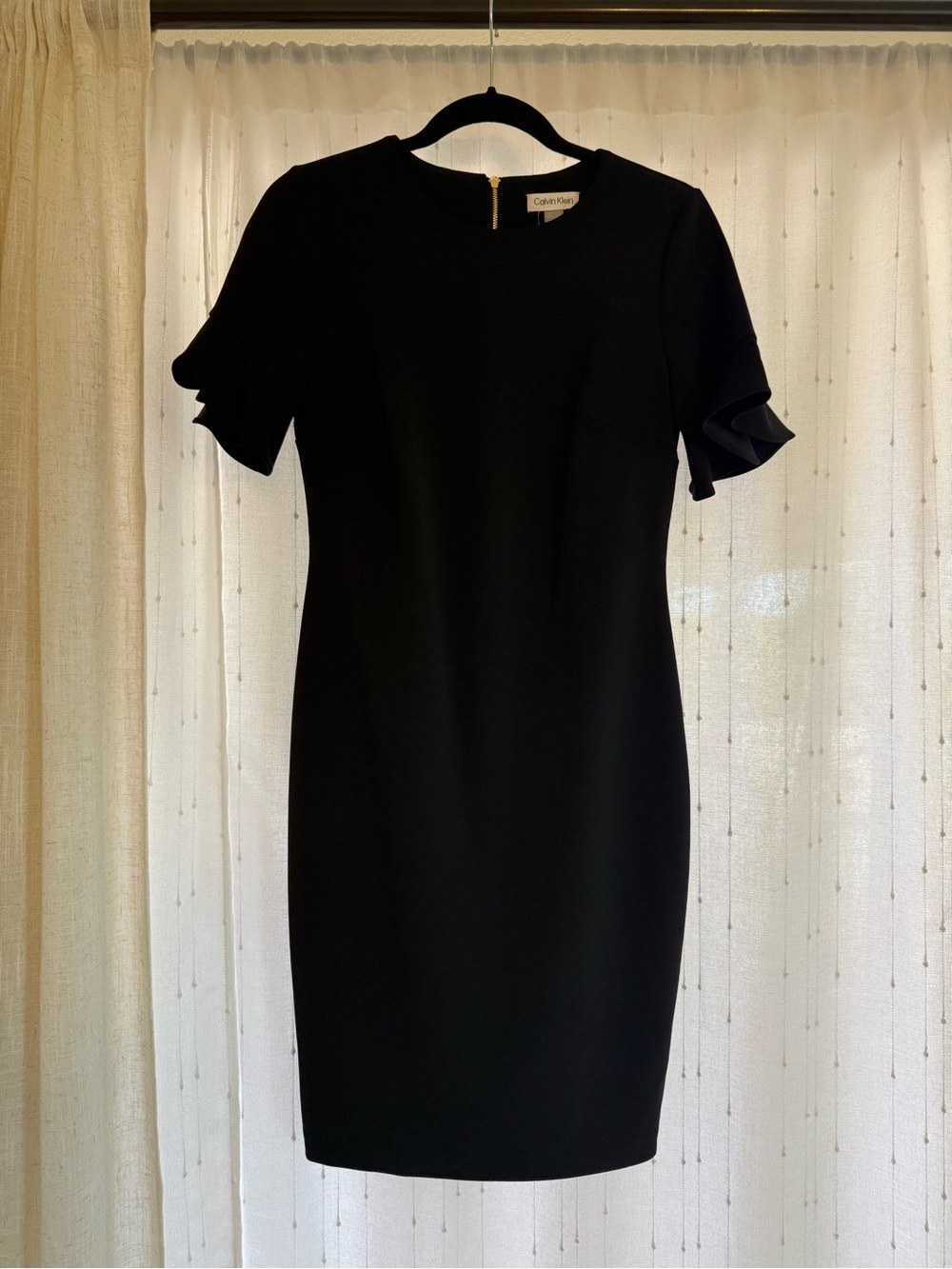 Calvin Klein Black Midi Sheath Dress with Ruffle Short Sleeves